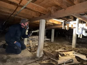 Inspector checking timber for termites under a Melbourne house.